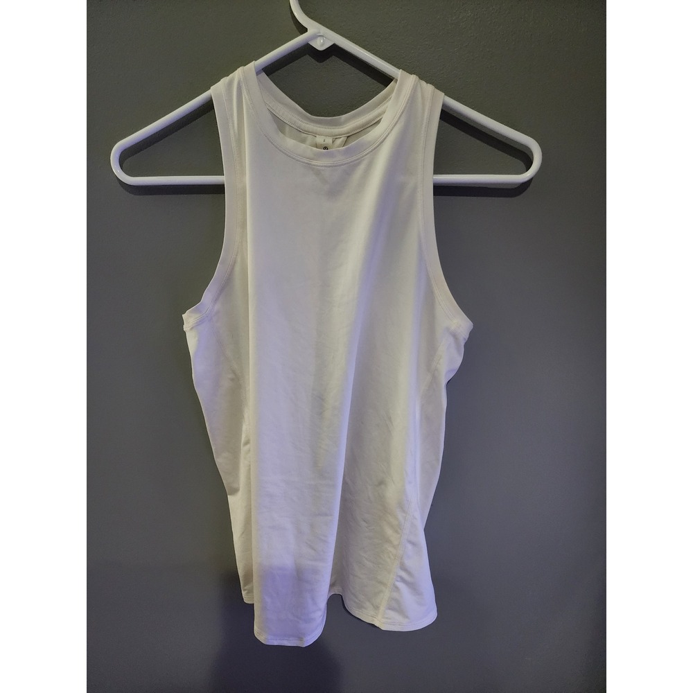 Lululemon Sculpt Tank Top White High Neck Open Back Red E Graphic Size 2